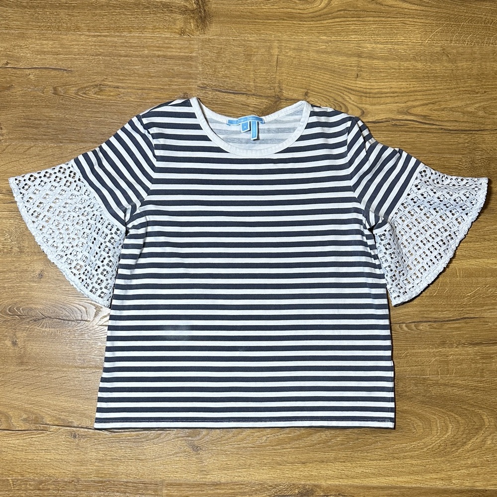 Draper James Cotton Gray and White Striped Tee with Lace Sleeves Small
